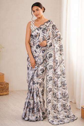 off white heavy silk blend mirror work saree