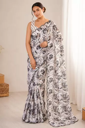 off white heavy silk blend mirror work saree