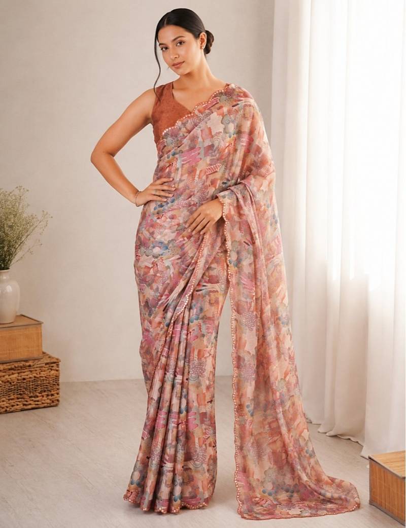 heavy chinon silk blend mirror work saree