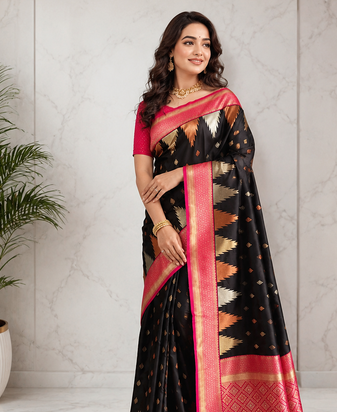 black color zari and weaving design all over with rich pallu kanchi silk blend saree