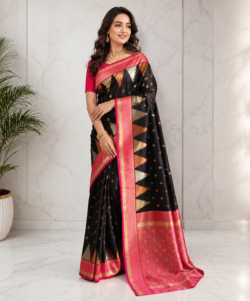 black color zari and weaving design all over with rich pallu kanchi silk blend saree