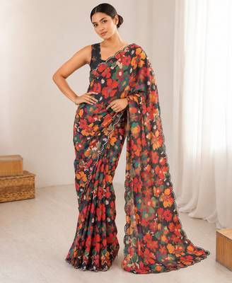heavy chinon silk blend mirror work saree 1