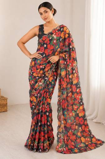navy blue heavy silk blend mirror work saree