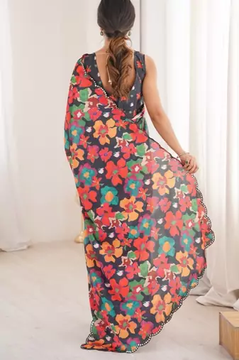 navy blue heavy silk blend mirror work saree