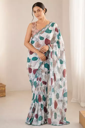 off white heavy silk blend mirror work saree