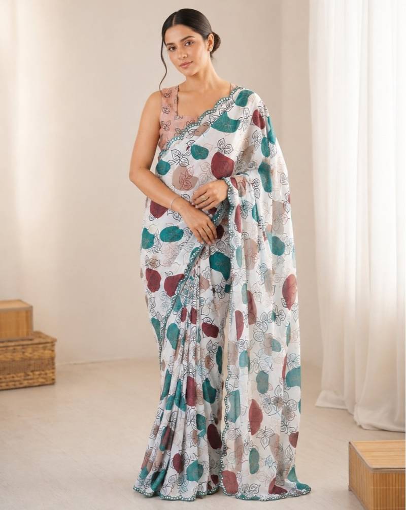 heavy chinon silk blend mirror work saree