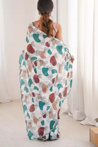 off white heavy silk blend mirror work saree