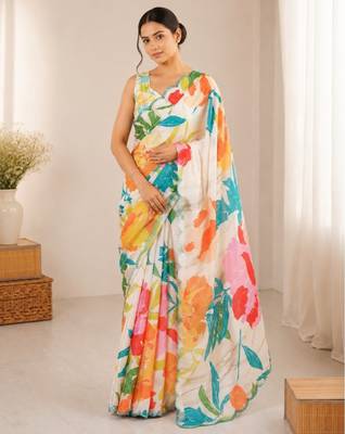 heavy chinon silk blend mirror work saree 1