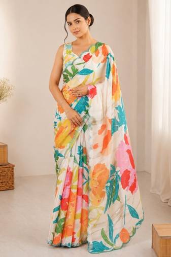 Heavy chinnon mirror work saree