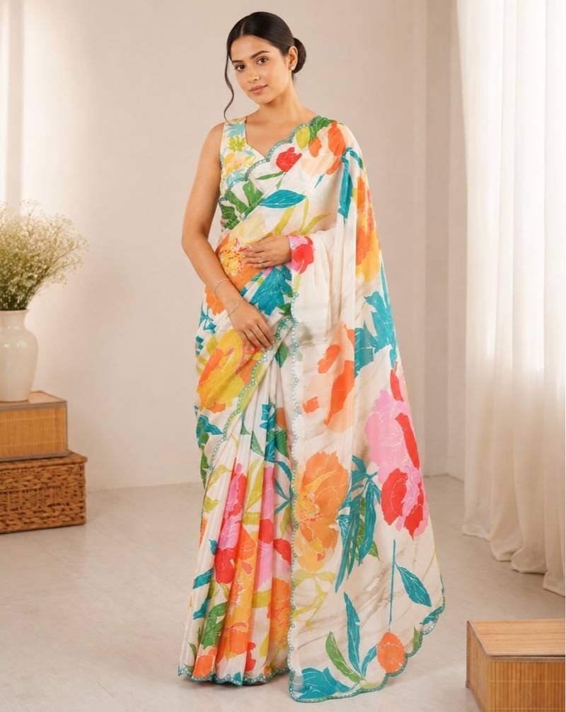 heavy chinon silk blend mirror work saree