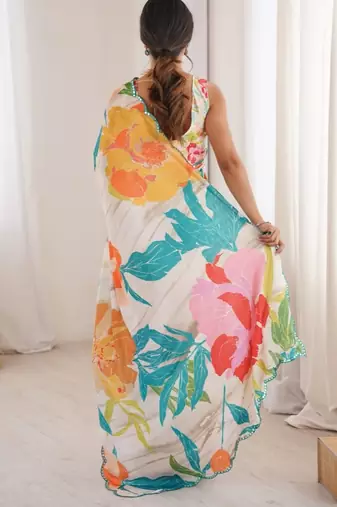 heavy chinon silk blend mirror work saree
