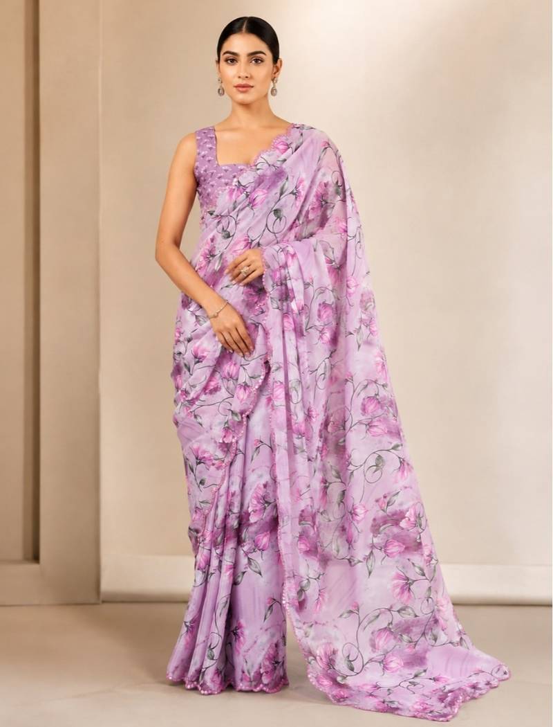 heavy chinon silk blend mirror work saree