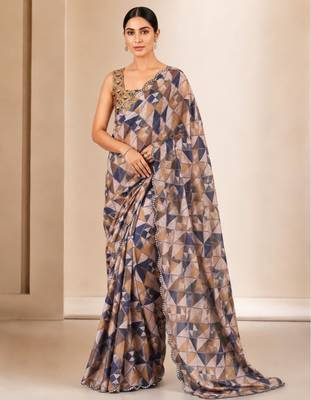 heavy chinon silk blend mirror work saree 1