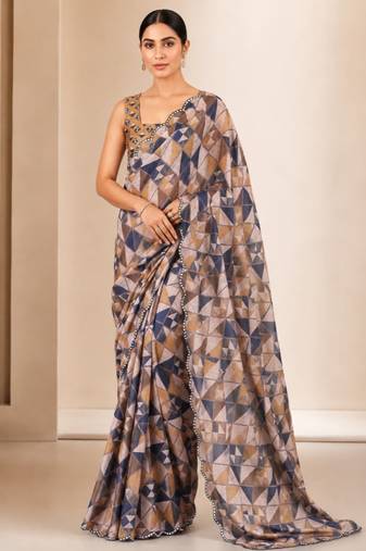 heavy chinon silk blend mirror work saree