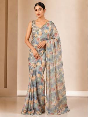 heavy chinon silk blend mirror work saree 1
