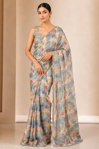 heavy chinon silk blend mirror work saree