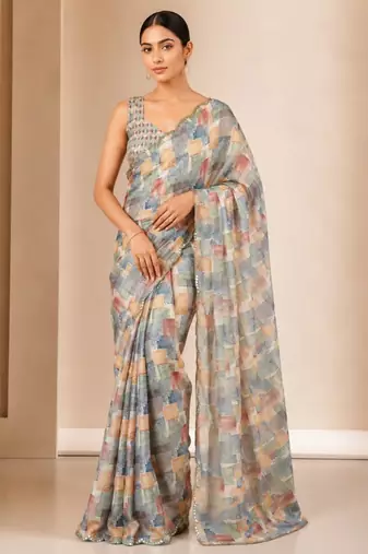 heavy chinon silk blend mirror work saree