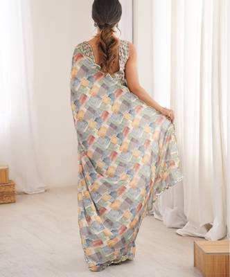heavy chinon silk blend mirror work saree 3