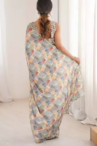 heavy chinon silk blend mirror work saree