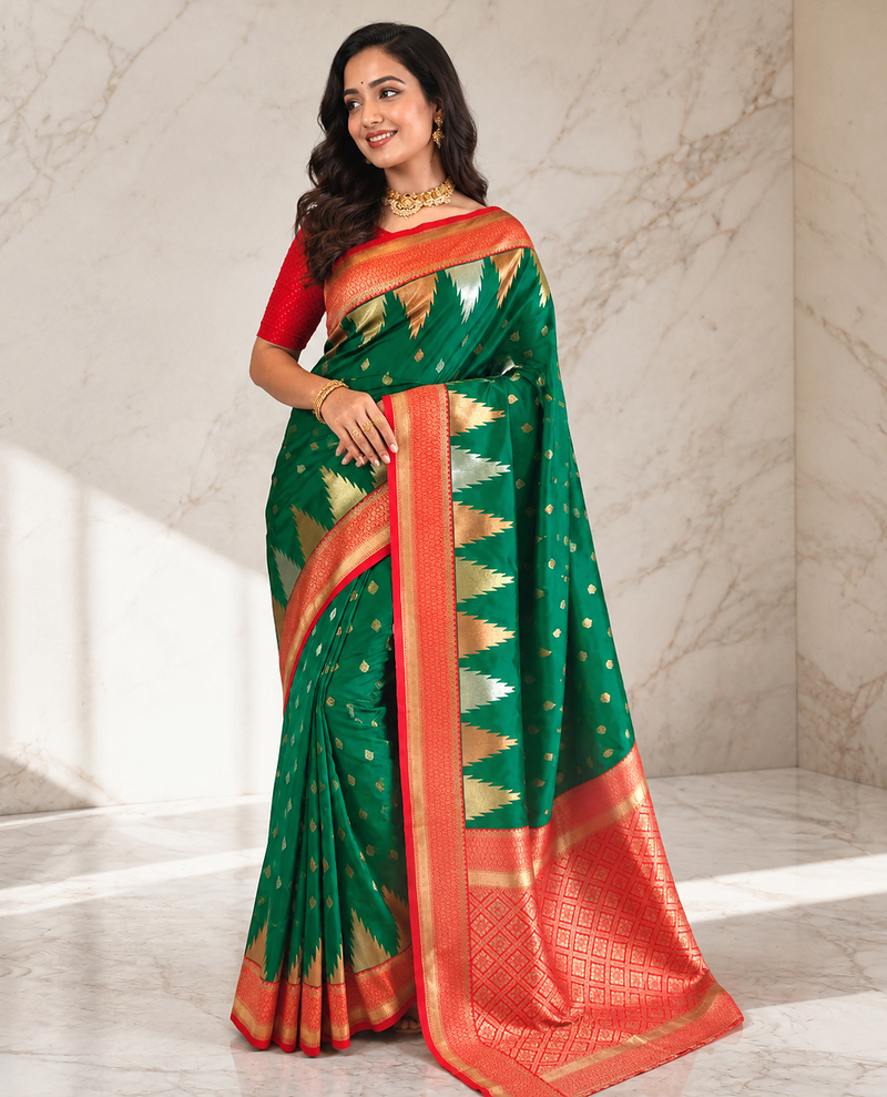 emerald green color zari and weaving design all over with rich pallu kanchi silk blend saree