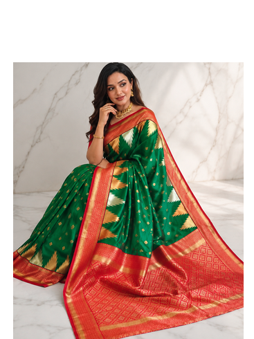 emerald green color zari and weaving design all over with rich pallu kanchi silk blend saree 2