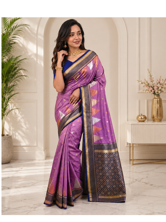 lavender color zari and weaving design all over with rich pallu kanchi silk blend saree 1