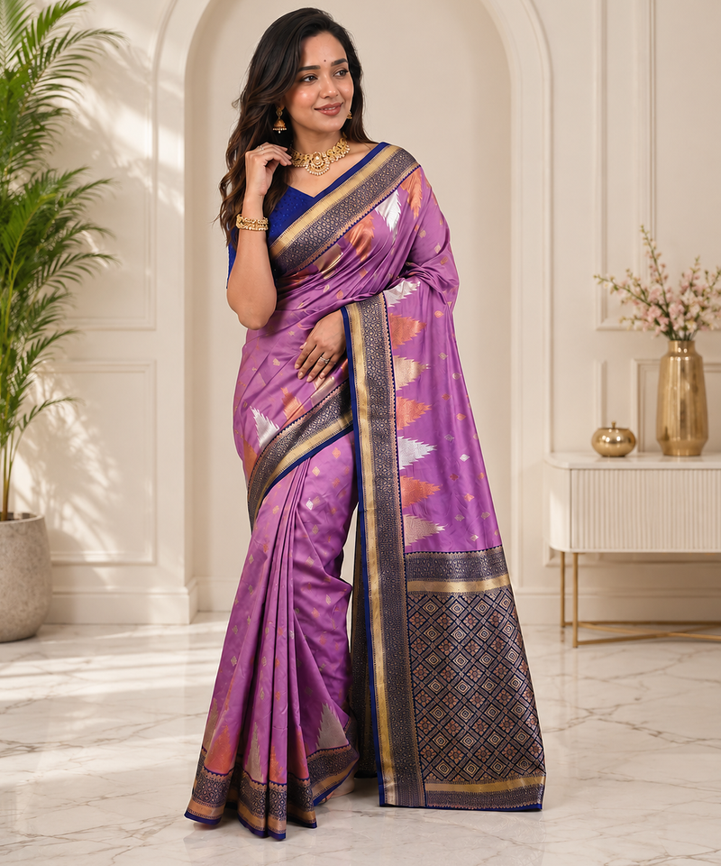 lavender color zari and weaving design all over with rich pallu kanchi silk blend saree