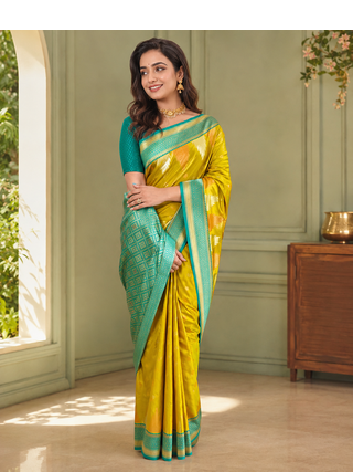 mustard yellow color zari and weaving design all over with rich pallu kanchi silk blend saree 1