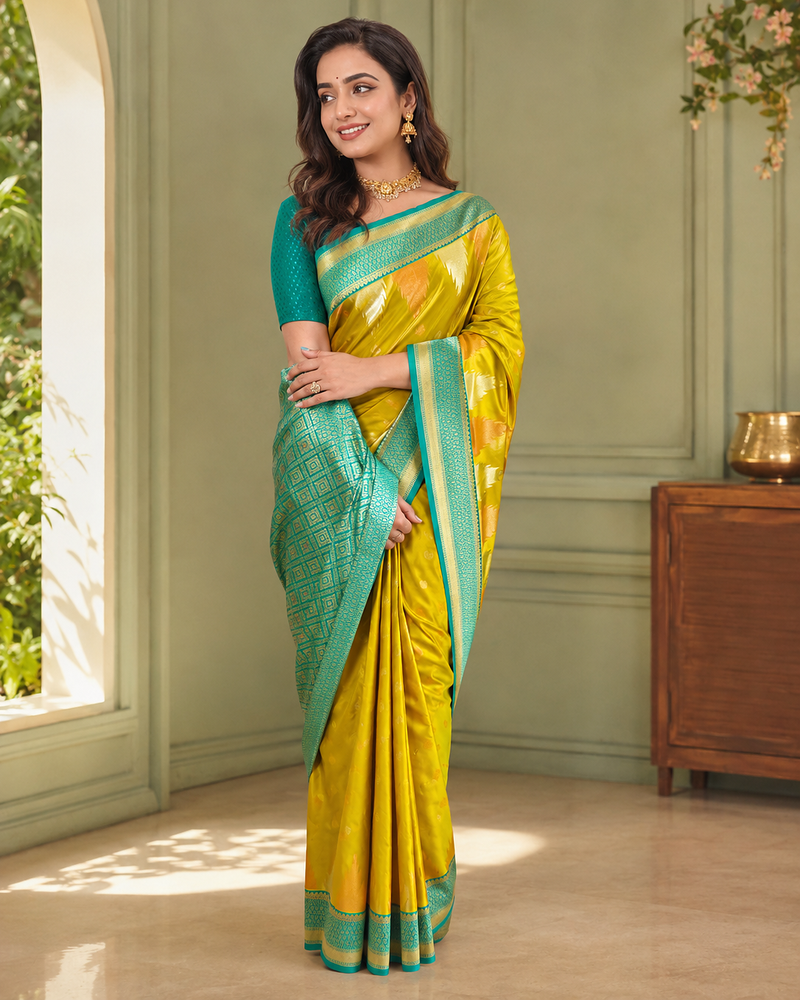 mustard yellow color zari and weaving design all over with rich pallu kanchi silk blend saree