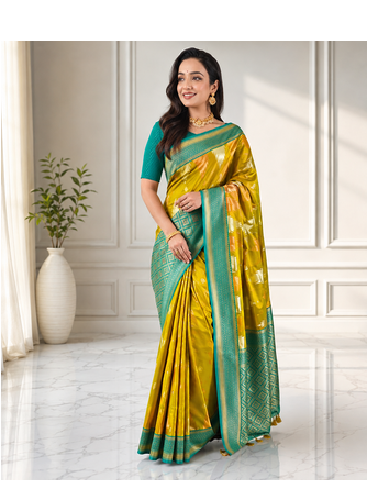 mustard yellow color zari and weaving design all over with rich pallu kanchi silk blend saree 2