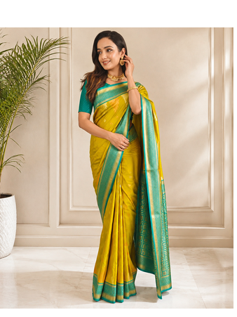 mustard yellow color zari and weaving design all over with rich pallu kanchi silk blend saree 3