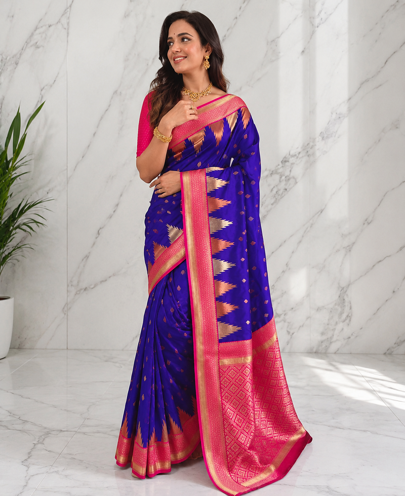 purple color zari and weaving design all over with rich pallu kanchi silk blend saree