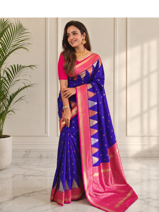 purple color zari and weaving design all over with rich pallu kanchi silk blend saree 3