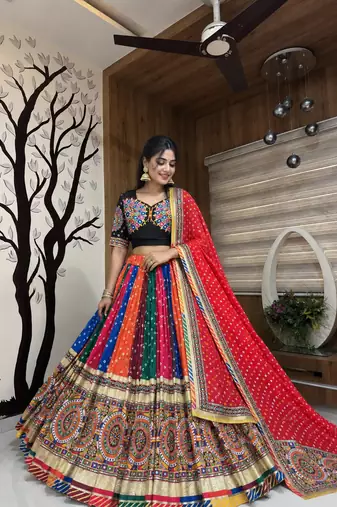 Multi Mirror Work With Dori & Latkan Cotton Lahenga Choli Set