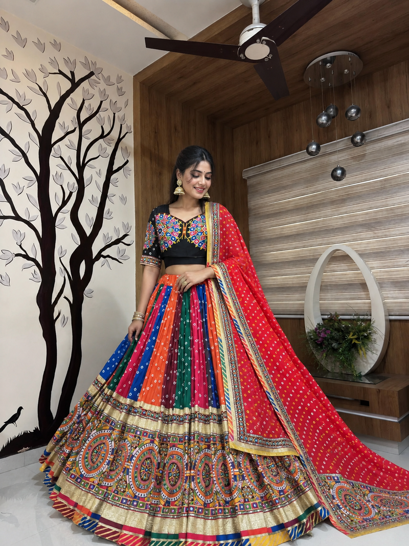 Multi Color Real Mirror Work With Dori & Latkan Cotton Lahenga Choli Set