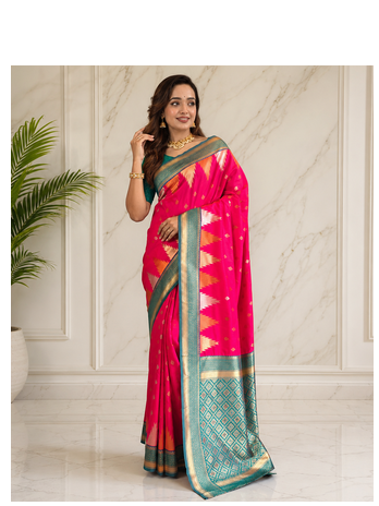 rani pink color zari and weaving design all over with rich pallu kanchi silk blend saree 1
