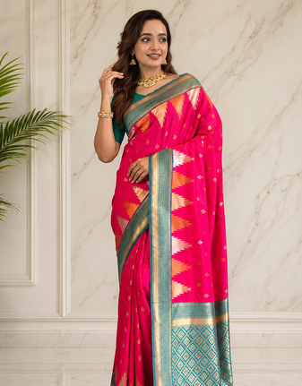 rani pink color zari and weaving design all over with rich pallu kanchi silk blend saree