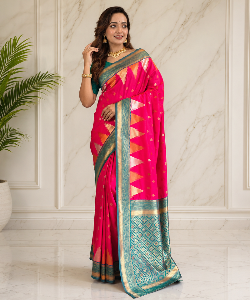 rani pink color zari and weaving design all over with rich pallu kanchi silk blend saree