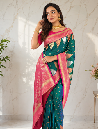 sea green color zari and weaving design all over with rich pallu kanchi silk blend saree