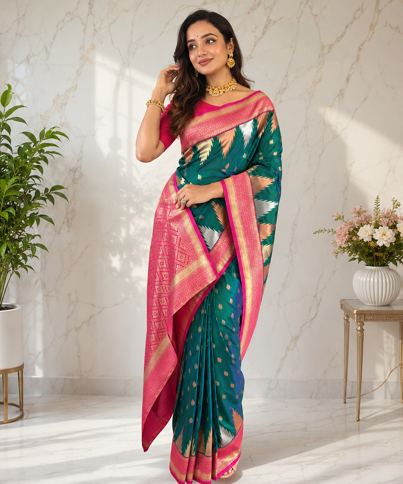 sea green color zari and weaving design all over with rich pallu kanchi silk blend saree