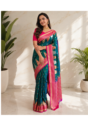 sea green color zari and weaving design all over with rich pallu kanchi silk blend saree 2