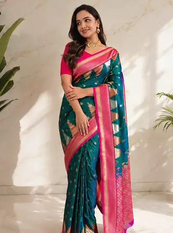 sea green color zari and weaving design all over with rich pallu kanchi silk blend saree