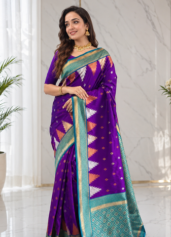 violet color zari and weaving design all over with rich pallu kanchi silk blend saree