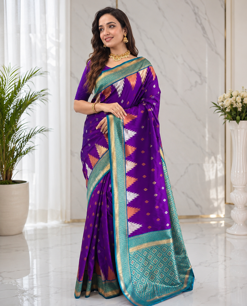 violet color zari and weaving design all over with rich pallu kanchi silk blend saree