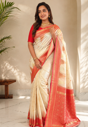 white color zari and weaving design all over with rich pallu kanchi silk blend saree