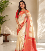 white color zari and weaving design all over with rich pallu kanchi silk blend saree