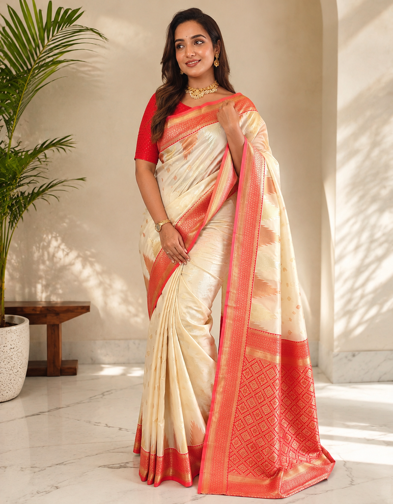 white color zari and weaving design all over with rich pallu kanchi silk blend saree
