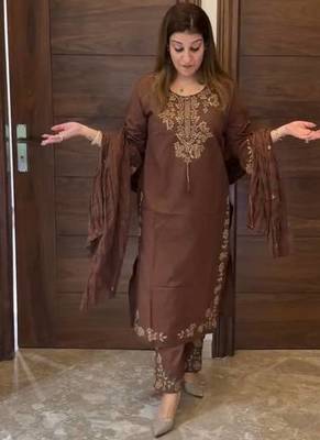 Chocolate Color Embroidery And Thread Work Silk Blend Salwar Suit  1