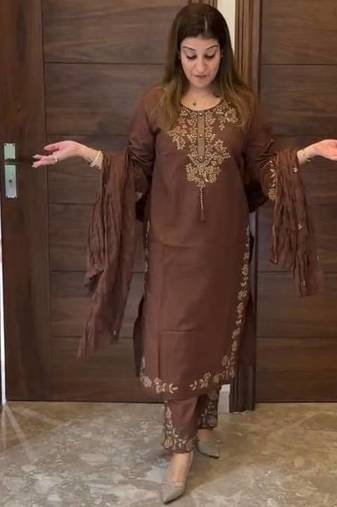 Chocolate Color Embroidery And Thread Work Silk Blend Salwar Suit 