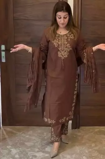 Chocolate Color Embroidery And Thread Work Silk Blend Salwar Suit 